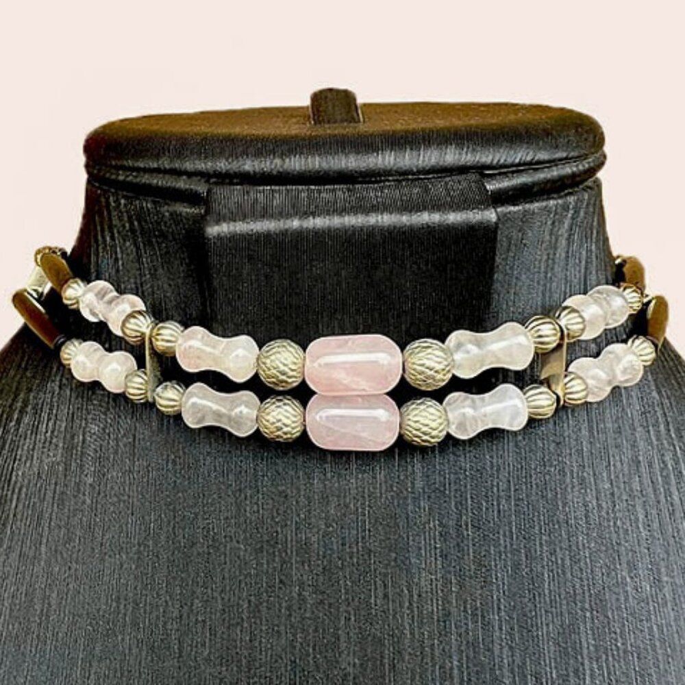 Vintage Genuine Rose Quartz Gemstone & Hair Pipe Choker Necklace - Picture 2 of 12